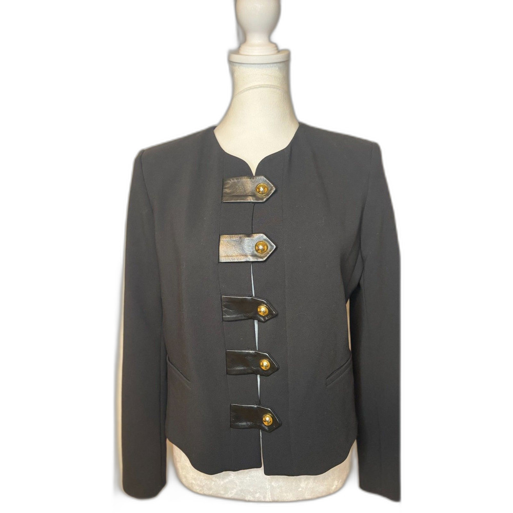 Sandro Paris Black Cropped Blazer Jacket Faux Leather Tabs Gold Buttons
